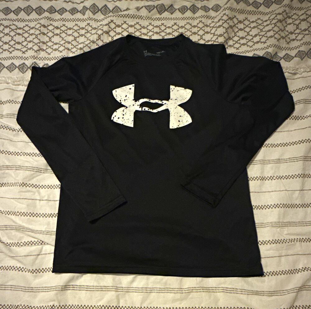 Under Armour Boys Loose Fit Long Sleeve Crew Neck T-Shirt Black White Logo M